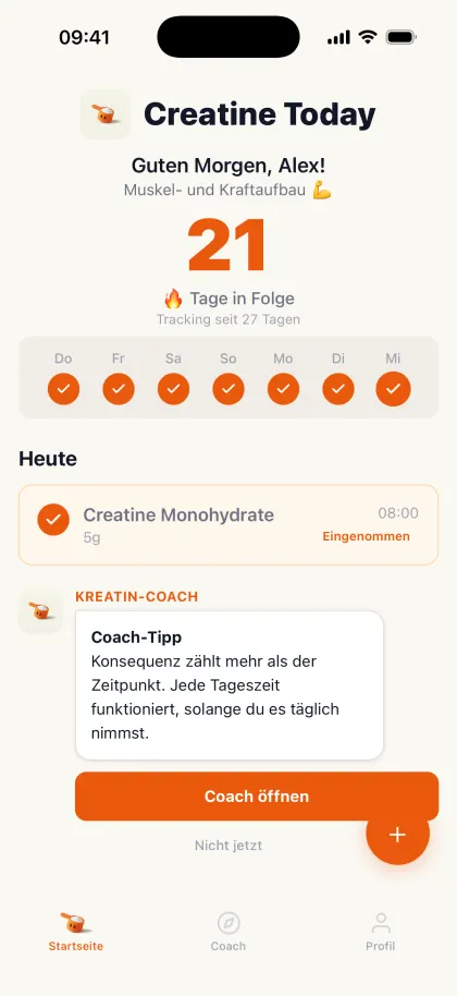Startbildschirm von Creatine Today mit Tagesserie und heutiger Einnahme