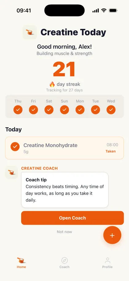 Creatine Today home screen with a daily streak and today's check-in