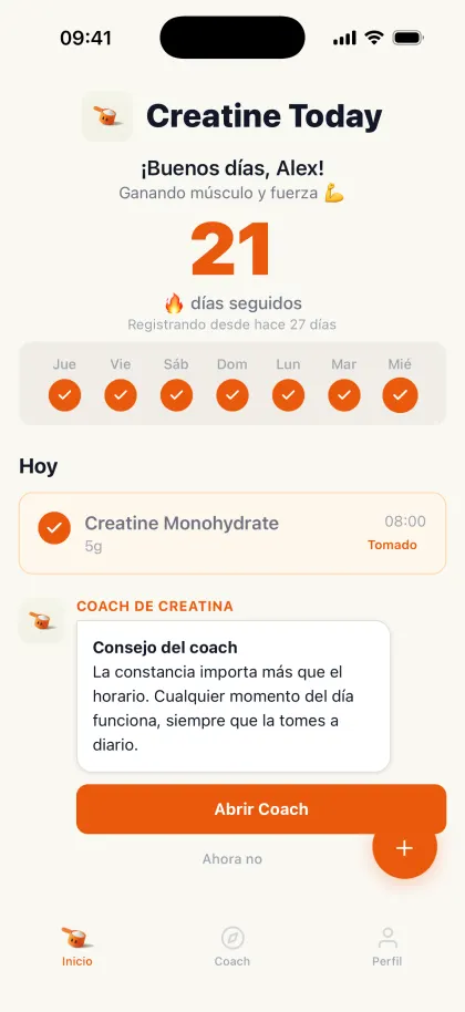 Pantalla de inicio de Creatine Today con la racha diaria y la toma de hoy