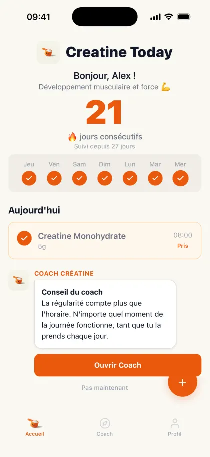 Écran d'accueil de Creatine Today avec la série de jours et la prise du jour