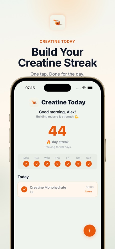 Creatine Today home screen showing a 44-day streak