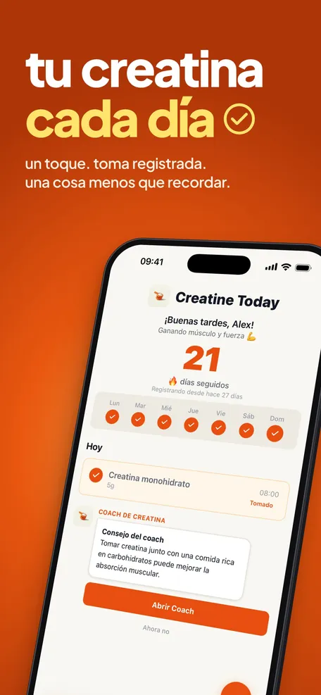 Tracker diario de creatina: un toque registra la dosis de hoy